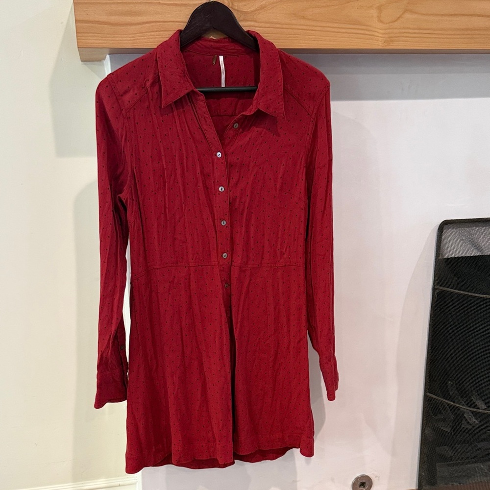 Red Button-Up Long Sleeve Free People Dress